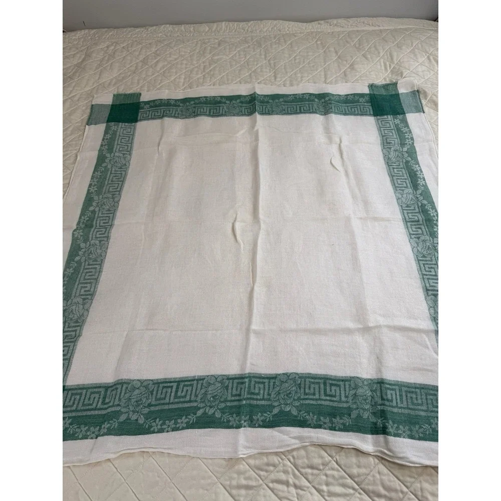 Vintage Linen Damask Tablecloth 32x32 Green Greek Key Floral Border